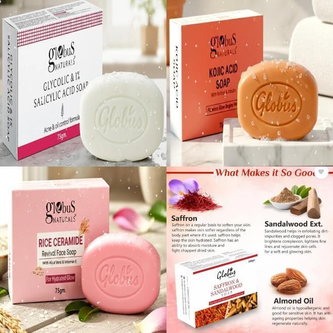 Globus Naturals 4-in-1 Combo: Rice Ceramide, Glycolic, Kojic & Saffron Soaps (Pack of 4)
